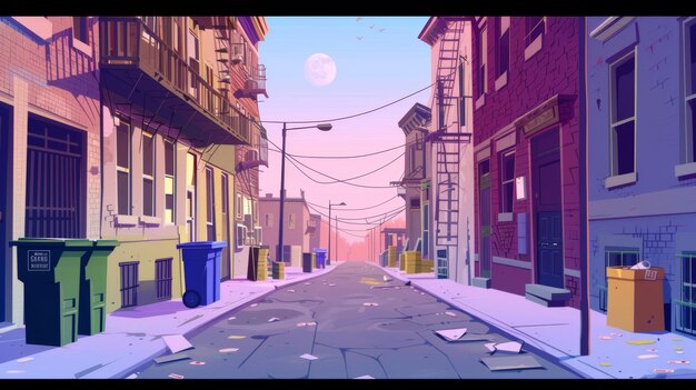 Photo back alley with houses at sunrise in the morning town landscape with alleyways between old buildings trash bins boxes a pink sky with moon in the background modern illustration