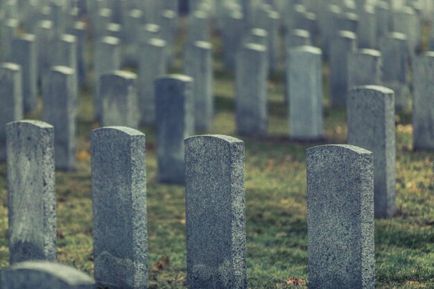 Photo back of army headstone and graveyard cemetery during a sad day of autumn