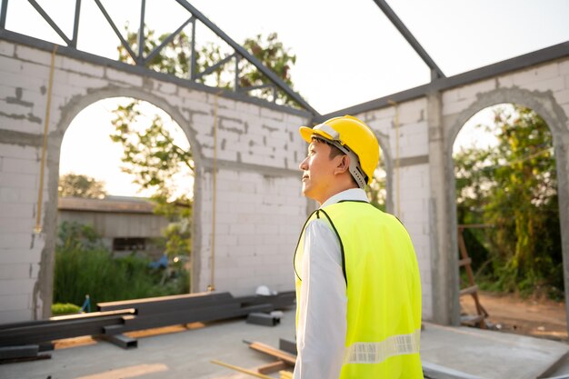 Back of Asian Engineering man looking to construction analyzing about project plan