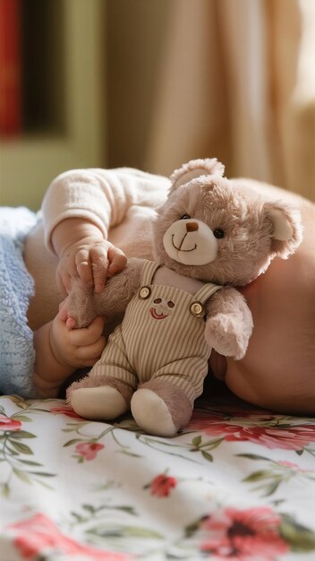 Back of a baby with a teddy bear