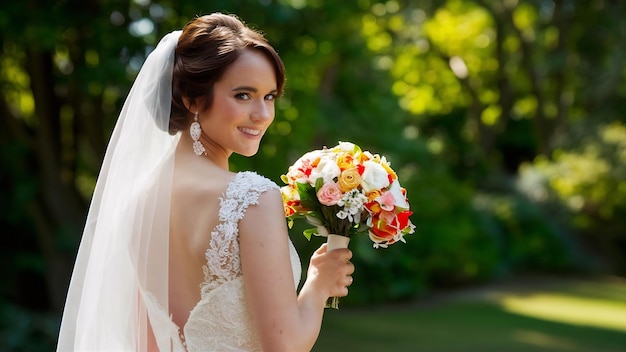 Back bride with a bouquet