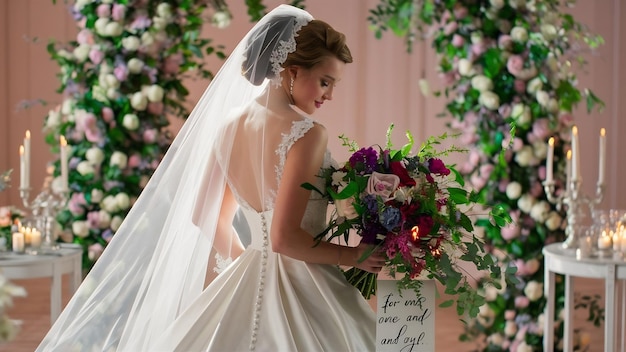 Back bride with a bouquet