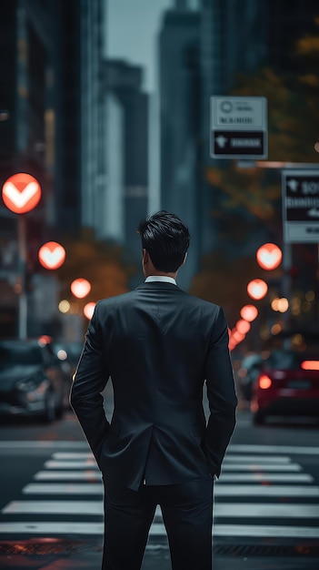 The back of a businessman faces the city