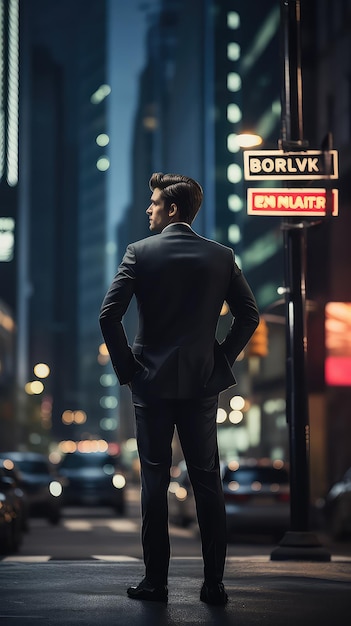 The back of a businessman faces the city