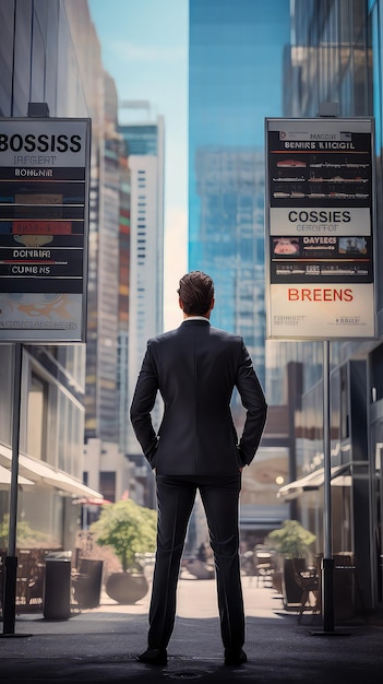 The back of a businessman faces the city