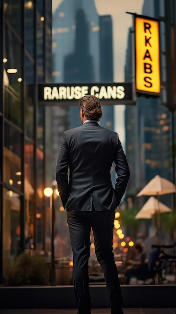 The back of a businessman faces the city