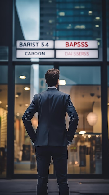 The back of a businessman faces the city