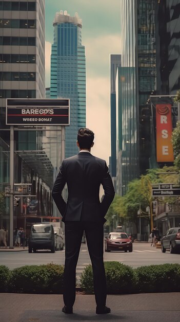 The back of a businessman faces the city