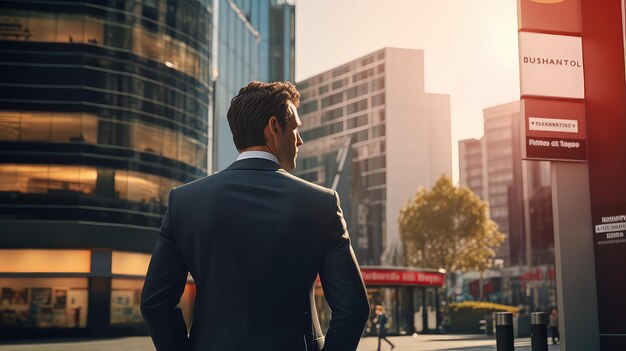 The back of a businessman faces the city