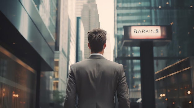 The back of a businessman faces the city