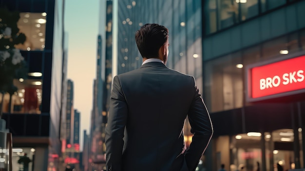 The back of a businessman faces the city