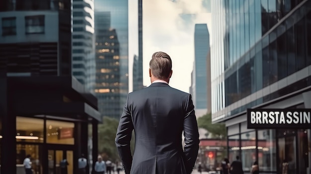 The back of a businessman faces the city