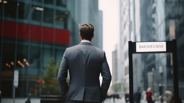 The back of a businessman faces the city