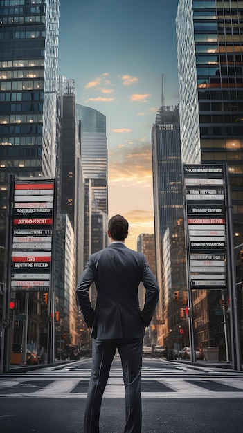 The back of a businessman faces the city