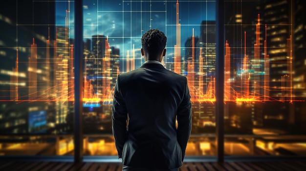 Back of businessman near screen of glass window on trading chart blurred cityscape AI generated