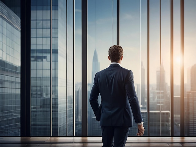 Back of businessman in suit with business office glass modern buildings background