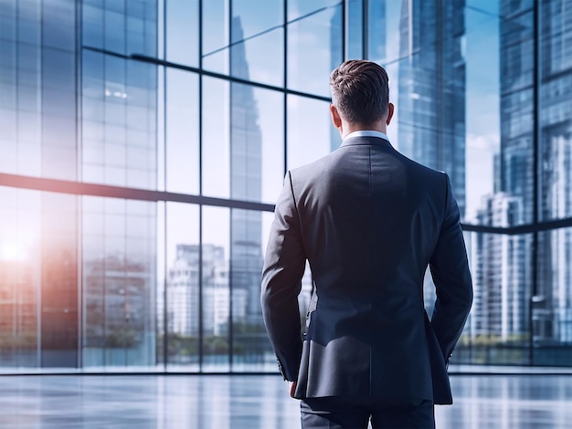 Back of businessman in suit with business office glass modern buildings background