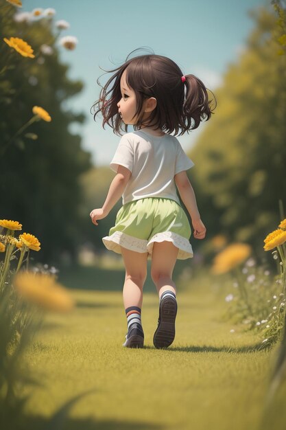 The back of a child playing on the wildflowers and grass with cute cartoon wallpaper illustrations