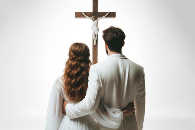 Back of couple in white clothes looking at the Cross of Jesus solid white background ai generative