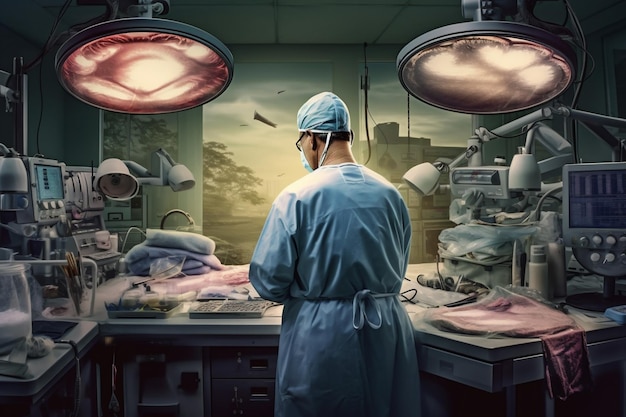 Foto indietro del medico in ospedale o laboratorio futuristico ia generativa