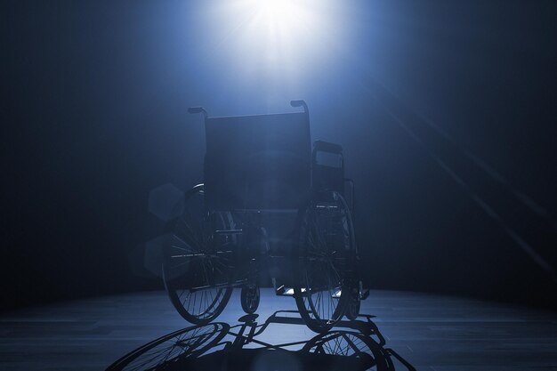 Photo back of empty wheelchair in spotlight lights 3d rendering