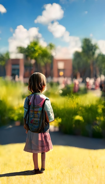 Маленькая девочка с рюкзаком, смотрящая на здание школы в солнечный летний день, нейронная сеть