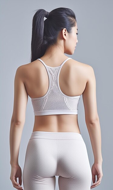 back of a female model wearing a white tank top with a white strapless top.