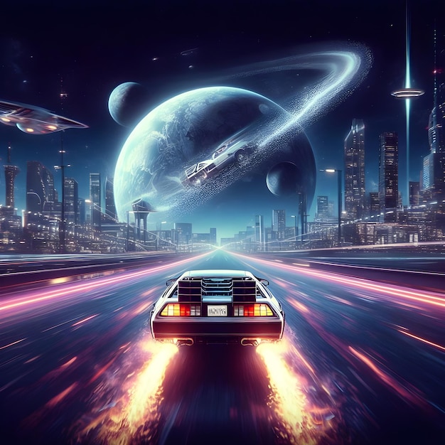 Back to the future delorean flying space synth wave digital art