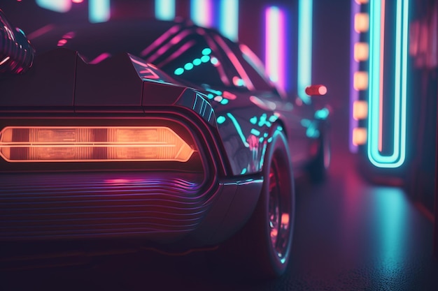 Foto retro di un'auto futuristica con luci al neon.