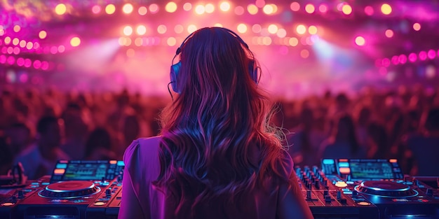 back of girl DJ in headphones mixing music on a DJ mixer console on booth in a nightclub at a night party