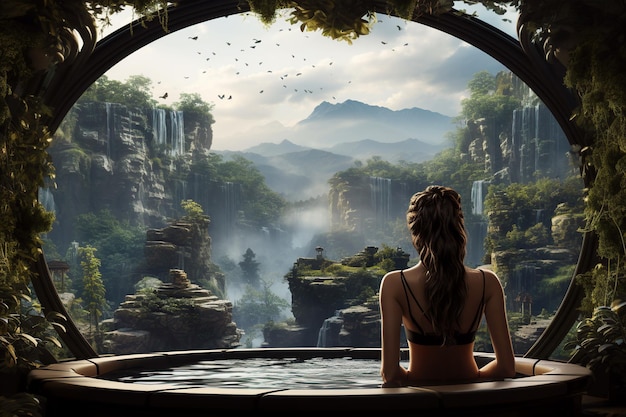 back girl is relaxing in a Jacuzzi bath in a spa hotel in nature with a view of the mountains and forests in summer