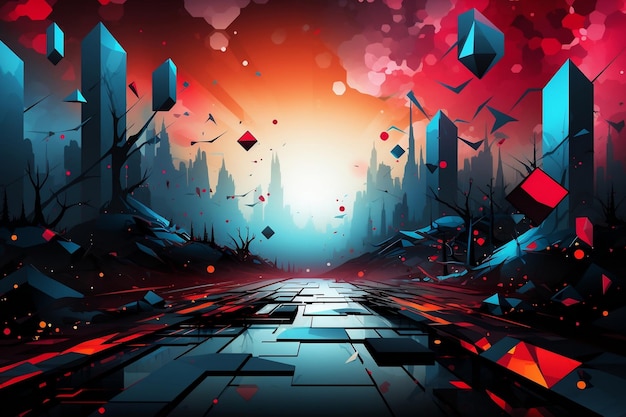 Back ground glowing abstract cityscape crimson and cyan cubist planes gothic detail