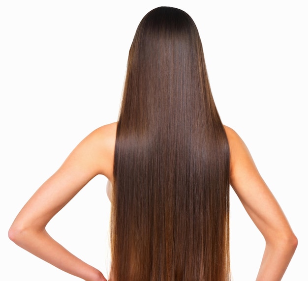 白いスタジオの背景に輝く輝きと化品の後ろのヘアケアと女性 結果 シャンプーで人とモデル 健康な頭皮または質感 美しさ 体積と成長 皮膚科
