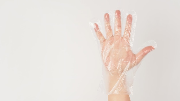 Back of the hand is wearing a disposable plastic glove on white background.