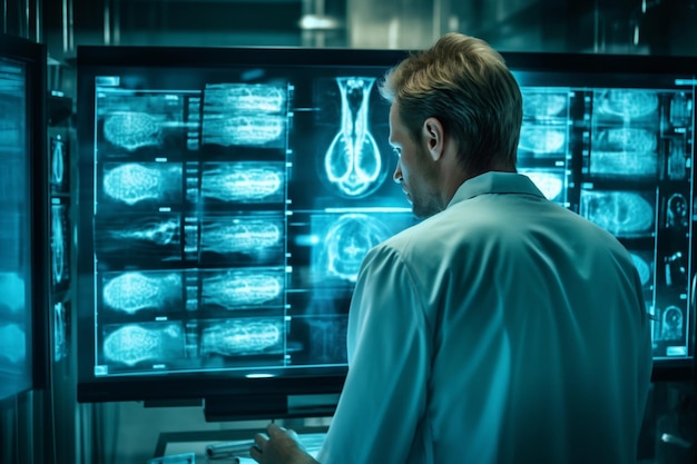 Back of intellectual man healthcare personnel looking at xray radiographic image on screen ct scan mri Generative AI