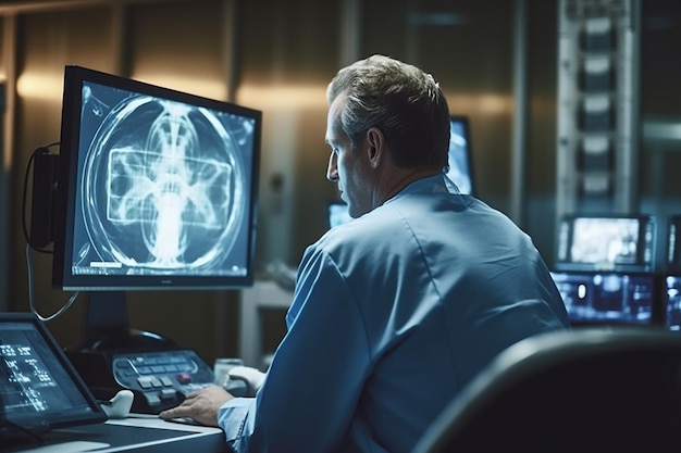 Back of intellectual man healthcare personnel looking at xray radiographic image on screen ct scan mri Generative AI