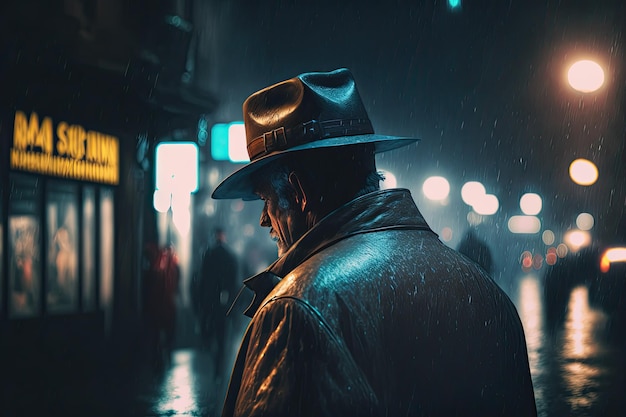 ノワール風の夜の街でレインコートと帽子をかぶった男性探偵の後ろ姿