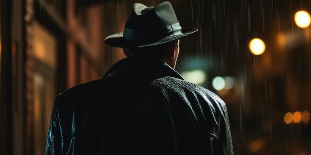 Back of male detective spy in hat and coat on street at night in rain in noir style Generative AI