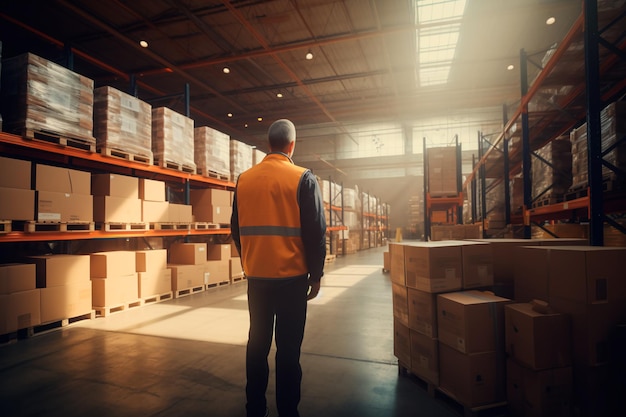 The back of a man in a vest against the background of a large warehouse Happy employees High shelv