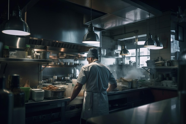 Back of Professional chef cooking in a busy restaurant kitchen generative aI