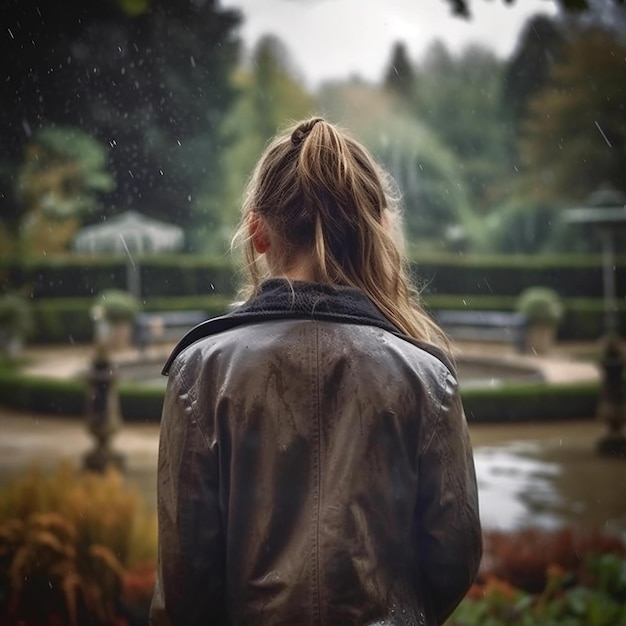 A back profile of a girl in a rain at a park of a france old villages AI Generative