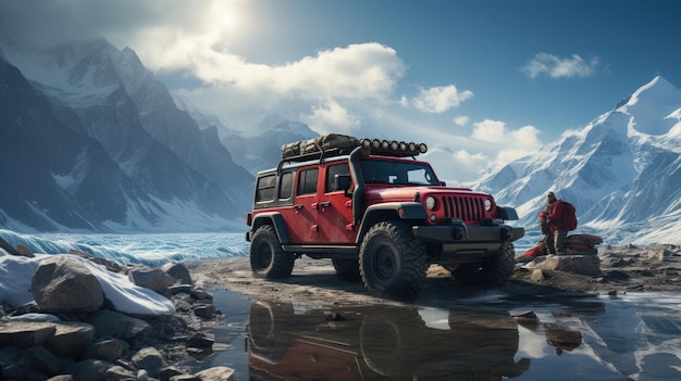 the back of a red jeep gladiator with a polar bear Generative Ai