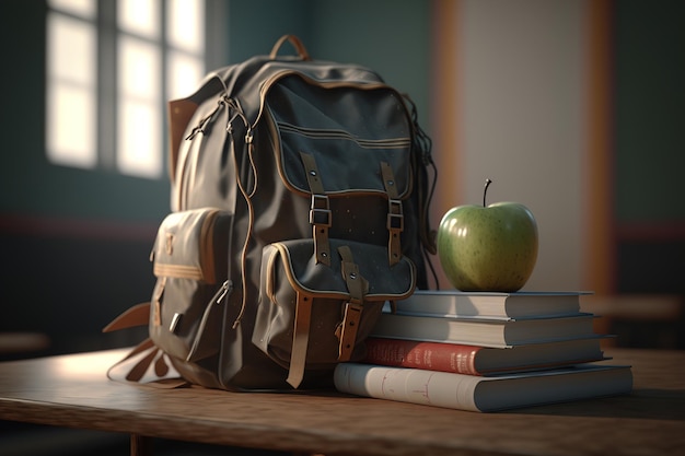 Back to school An apple a stack of books and a backpack on a table in an elementary school Generative Ai