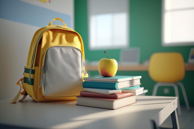 Back to school An apple a stack of books and a backpack on a table in an elementary school Generative Ai