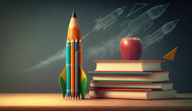 Photo back to school background school books and pencils background teacher's day desk