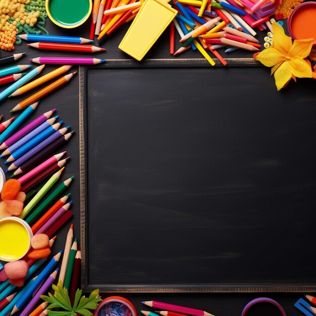 Back to school background with blackboard and colorful pencils copy space