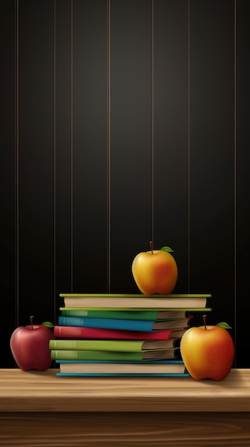 Back to school background with books and apple Illustration AI Generative