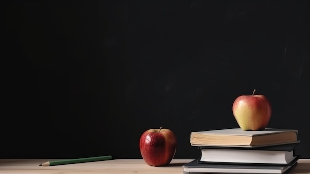 本とリンゴの学校の背景に戻るイラスト AI 生成