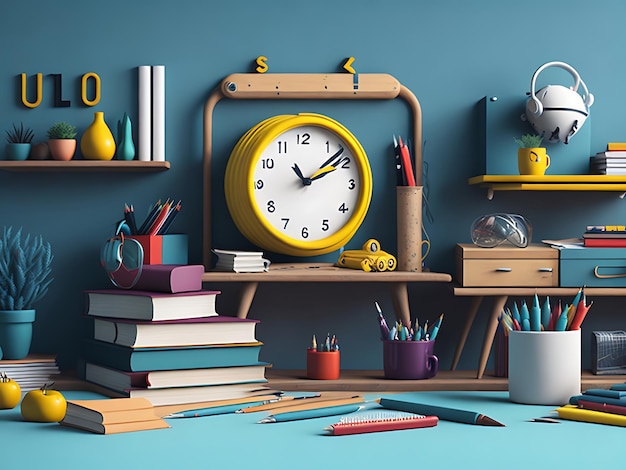 Back to school background with clock and elements of school accessories