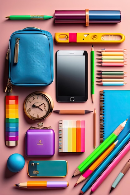 Photo back to school background with copy space variety of school supplies with copy space vertical